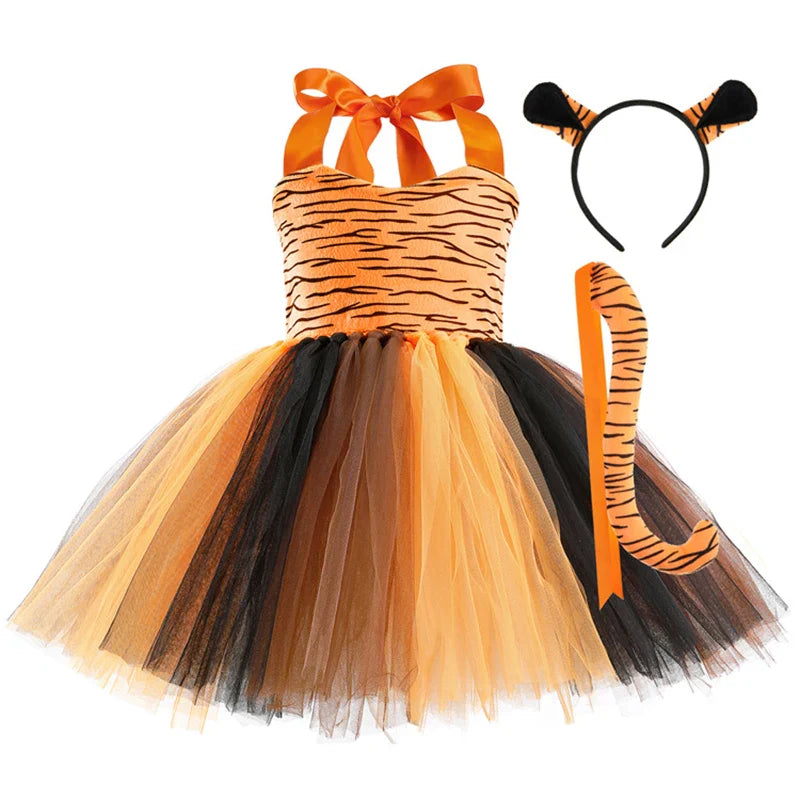 Cute Leopard Tiger Cat Giraffe Tutu Dress For Girls Halloween Animal Cosplay Costume Outfit Kids Christmas Carnival Party Dress