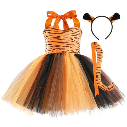 Cute Leopard Tiger Cat Giraffe Tutu Dress For Girls Halloween Animal Cosplay Costume Outfit Kids Christmas Carnival Party Dress
