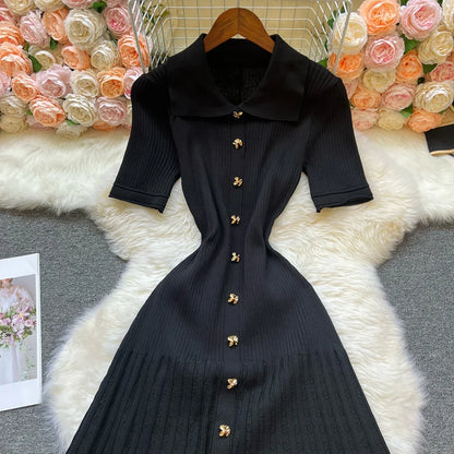 Fashion Vintage Turn-down Collar Knit Maxi Dress Elegant Single-breasted A-line Long Shirt Dress Lady Vestidos