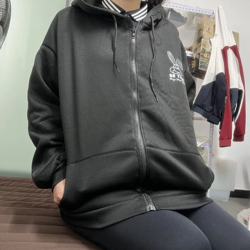 Women Embroidery Print Sporty Chic Hoodies Casual Zip Up Long Sleeve Loose Jacket Coats Harajuku Hooded Sweatshirts Streetwear