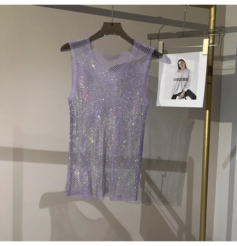 Women&Men Crystal  Rhinestones Shiny Sexy Y2K Tank Tops High Quality Party Club Sexy See Through Mesh Hollow Out Diamond shirt