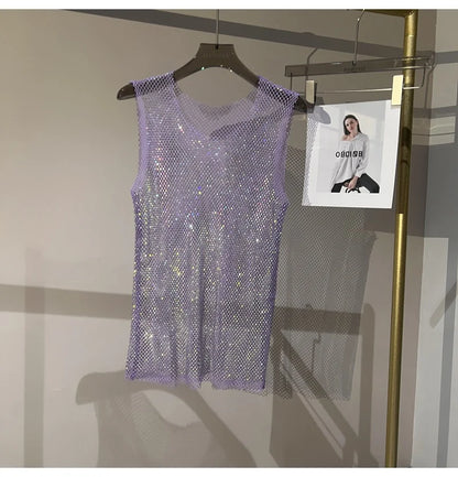 Women&Men Crystal  Rhinestones Shiny Sexy Y2K Tank Tops High Quality Party Club Sexy See Through Mesh Hollow Out Diamond shirt
