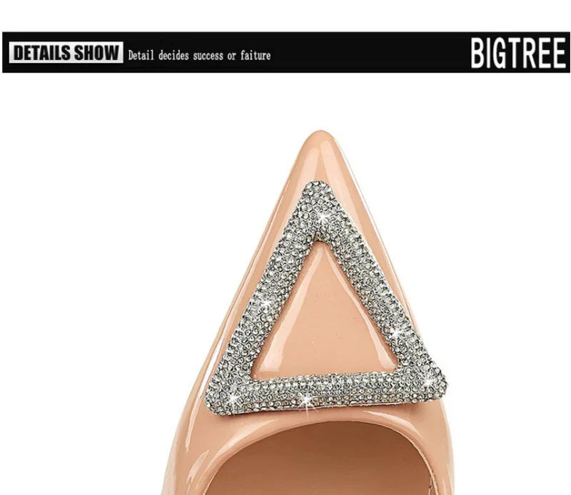 American Banquet High Heels Slim Heels Shiny Patent Leather Shallow Mouth Pointed Toe Shining Rhinestone High Heels Single Shoes