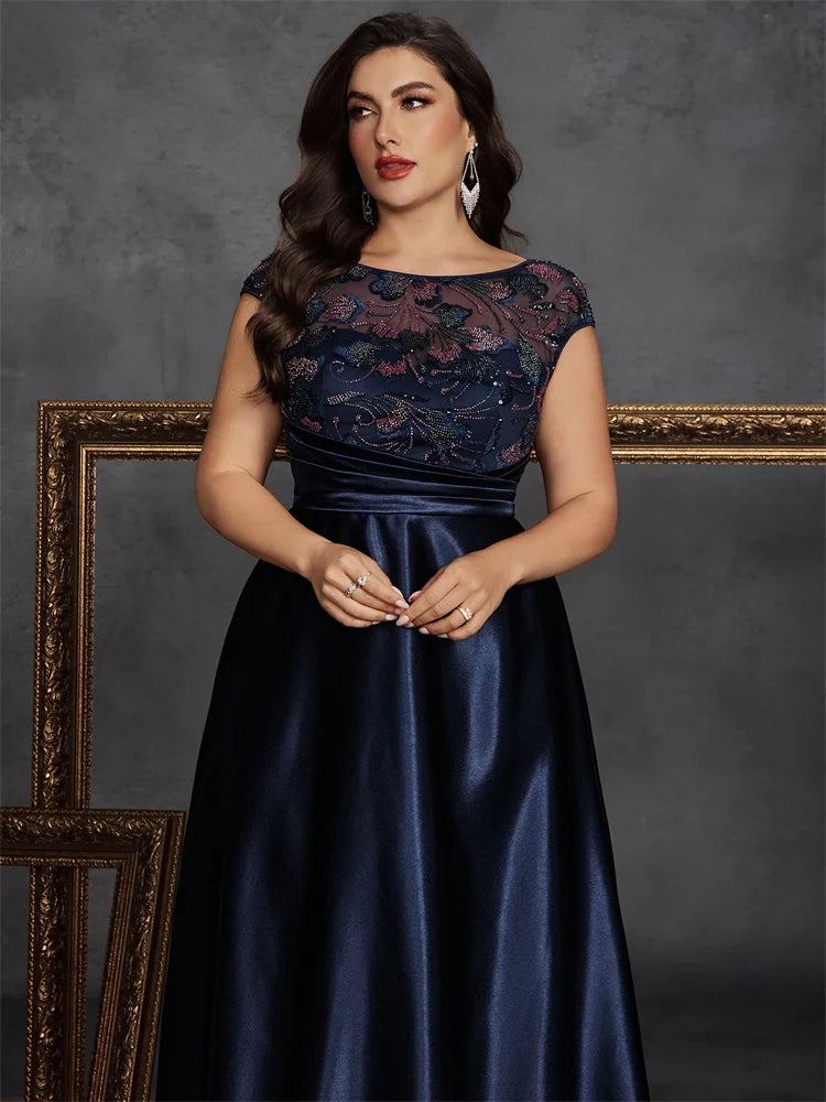 Plus Size O-neck Elegant Sequins Splicing Evening Dresses Luxury Sleeveless Satin Wedding Party Prom Cocktail Gowns