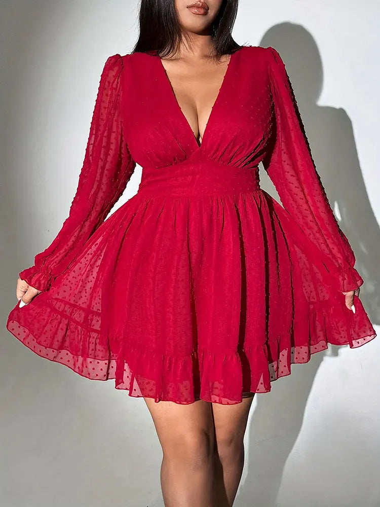 New Sexy V-Neck Short Dress Plus Size Solid Polka Dot Long-Sleeve American Slim A-Line Skirt Elegant Party Women's Evening Dress