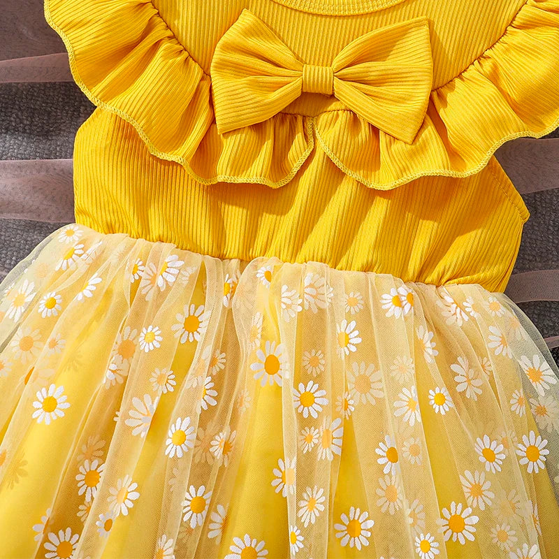 Girls 4-7 Yellow Summer Casual Dress, Front Ruffled Sleeve Design with Bow & Daisy Print Tulle Skirt, Daily Kids Outfit