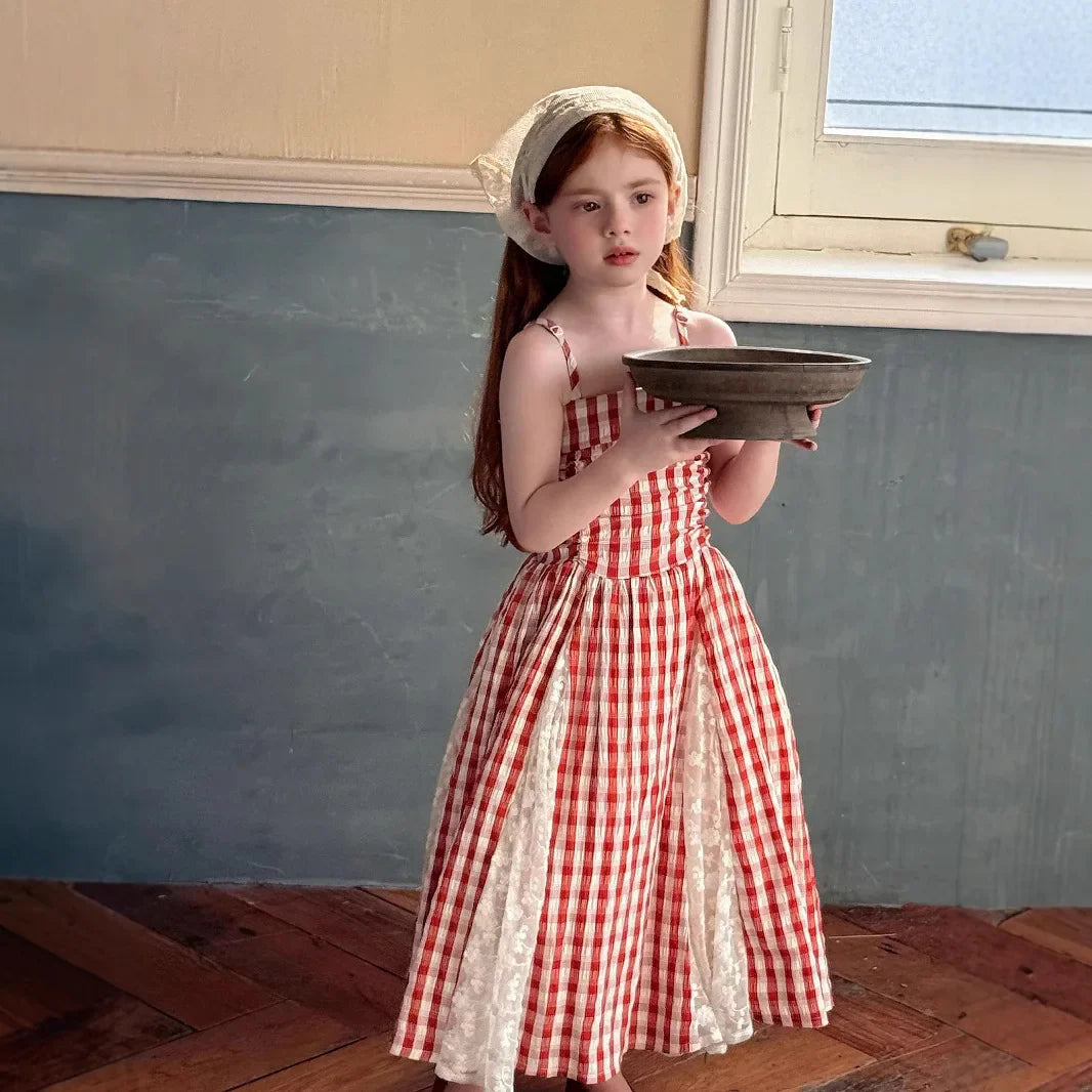 2025 Summer New Children Fairy Long Dress for Girls French Red Checkered Lace Splicing Lace Strap Dress