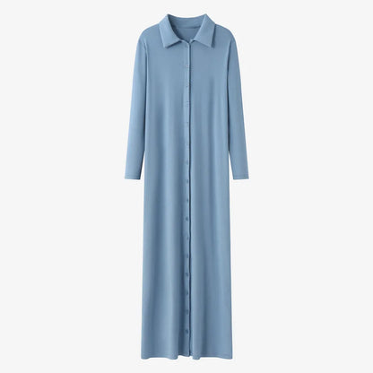 maxi dress button design woman clothes full sleeve Ankle Length comfortable ribbing clothing  ( Ship out in 1 day)