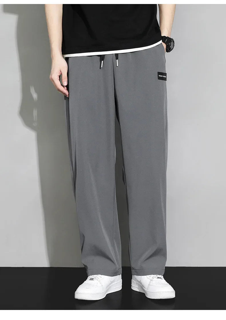 Men Drawstring Casual Pants Loose Drape Wide-leg Athleisure Pants Men Summer Thin Quick-drying Trousers Ice Silk Straight Pants