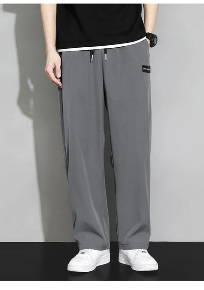 Men Drawstring Casual Pants Loose Drape Wide-leg Athleisure Pants Men Summer Thin Quick-drying Trousers Ice Silk Straight Pants