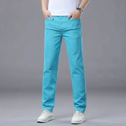 Straight Fashion Men's Jeans Solid Color Casual Business Stretch Washed Denim Trousers Breathable Streetwear Trendy Male Pants