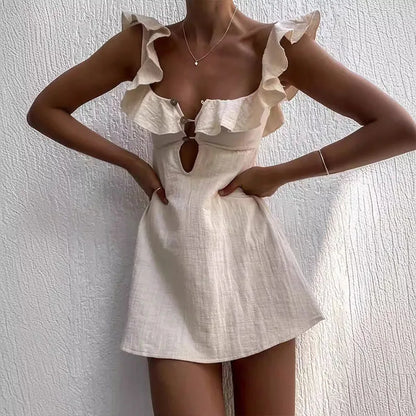 Hollow Out Button Ruffles Short Dress Sexy V Neck Sleeveless Solid Color Dress New Holiday Beach Cotton Linen Mini Dress