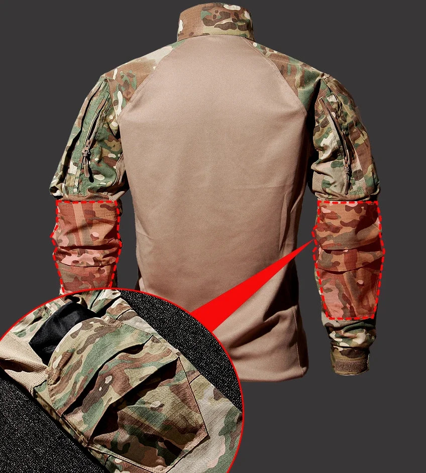 Autumn Tactical Sets Men Outdoor Breathable Short Sleeve Tshirt+Waterproof Straight Pant 2 Pcs Suits Camo Multi-pocket Cargo Set