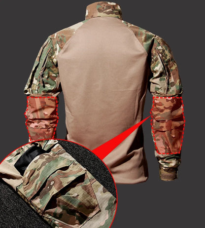 Autumn Tactical Sets Men Outdoor Breathable Short Sleeve Tshirt+Waterproof Straight Pant 2 Pcs Suits Camo Multi-pocket Cargo Set