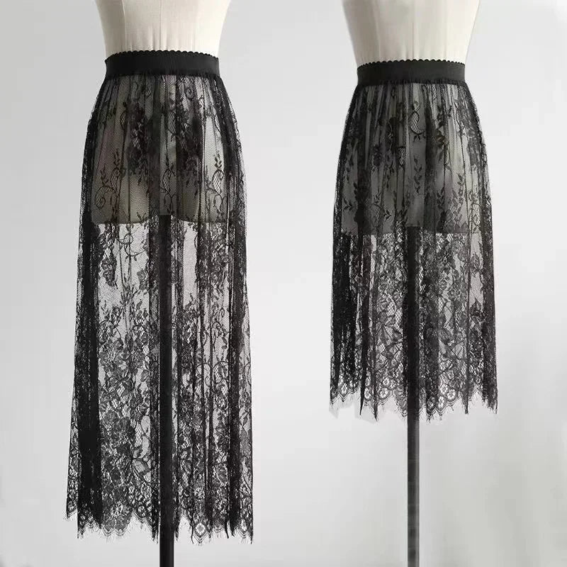 Transparent Sexy Lace Mesh Skirt Elastic High Waist Black White Tulle Mini Skirts Womens Skirt Korean Fashion Women's Skirt