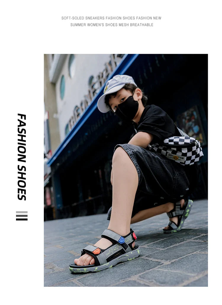 Summer Beach Boy Children Sandals Fashion Shoes Lightweight Non-slip Soft Bottom Shading Leather Boys Comfortable
