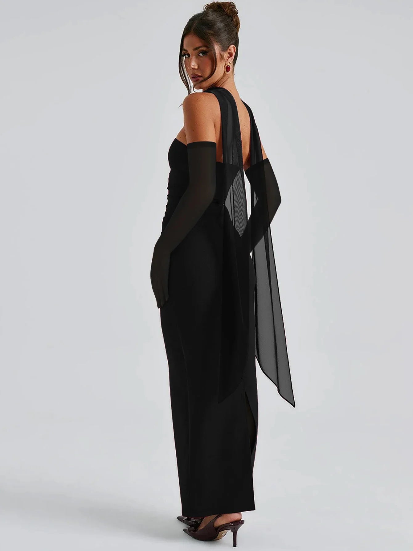 Elegant Scarf Strapless Solid Mesh Gloves Sexy Bodycon Maxi Prom Dress Women Fashion Y2K Outfits Wedding Party Birthday