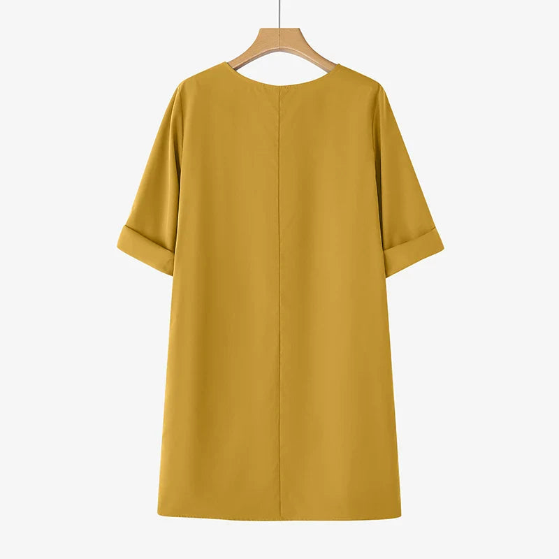 Elegant Women Party Dress 2026 Summer Fashion 3/4 Sleeve Casual Shirt Vestidos Pockets Loose Solid Knee-length Sundress