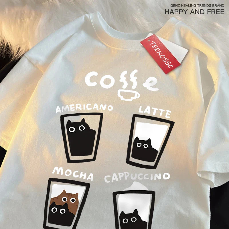 Fun Coffee Cat Japanese Style Men Women T-Shirts Oversize Tshirt Breathable Loose Short Sleeve Tee Clothes Cotton Streetwear