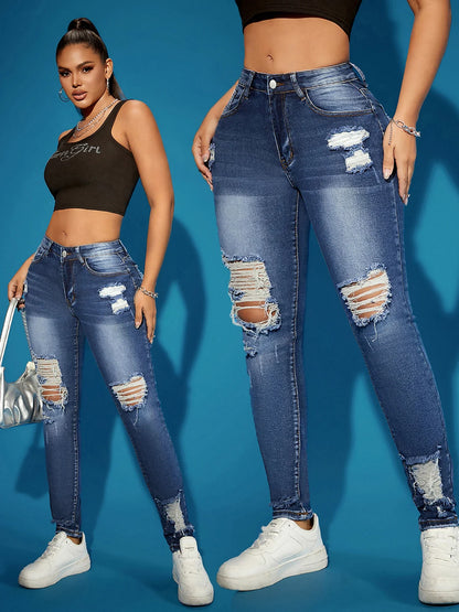 Calça Jeans Feminina Super Elástica Destruída Cintura Alta com Controle de Barriga Preta Rasgada Vintage Boate Moda Vendas Quentes