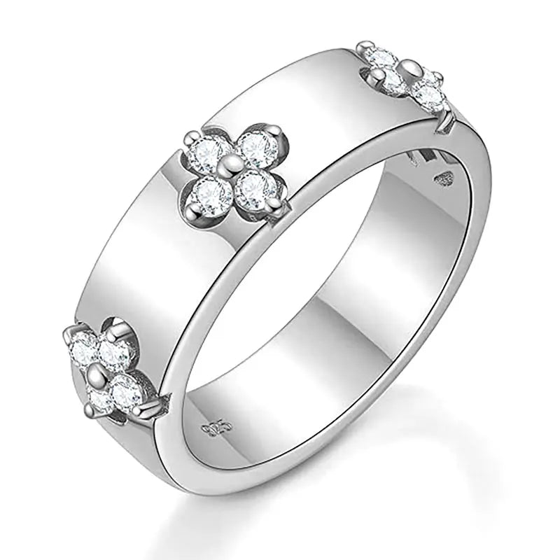 Certified Moissanite Four-leaf Clover Wide Rings for Women Men 925 Sterling Silver Flower Bands Wedding Fine Jewelry Gifts