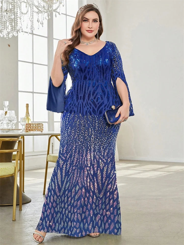 Plus Size Elegant Sequin Blue Evening Dress 2025 Women Formal Maxi Prom Slit Long Sleeves Party Luxury Cocktail Dress