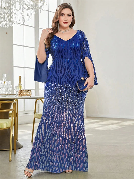 Plus Size Elegant Sequin Blue Evening Dress 2025 Women Formal Maxi Prom Slit Long Sleeves Party Luxury Cocktail Dress