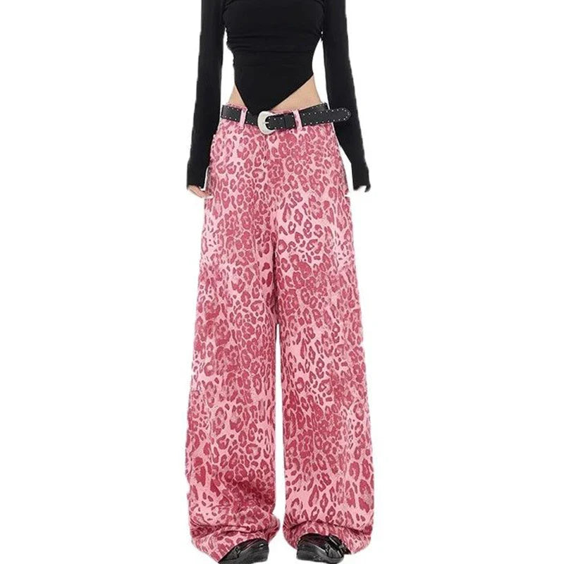 Chic Pink Leopard Print Jeans Girls High Waist Straight Leg Pants