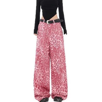 Chic Pink Leopard Print Jeans Girls High Waist Straight Leg Pants