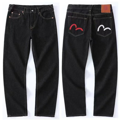Men's Japanese Handmade Embroidered Jeans Pure Cotton Straight Tube Hip-Hop Popular Slim Red Ears Show Thin Trousers Devil Black
