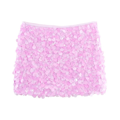 Women Spring Autumn Chic Mini Skirts Fashion With Sequined Solid Side Zipper Short Skirt Female Vintage High Waist Skirt