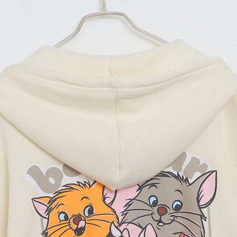 Cute Marie Cat Fleece Hooded Sweatshirt Winnie the Pooh Embroidery Zip Up Hoodies Jacket Women Casual Cartoon Jumper Top