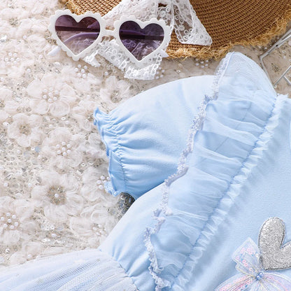 New Spring & Summer Toddler Girls' Blue Mesh Dress - Heart Bow & Star Sequins, Soft-Style Daily Princess Dress