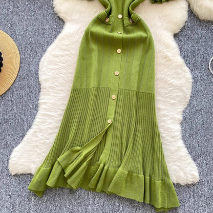 Fashion Vintage Knitted Long Dress Spring Summer Women Elegant V-neck Ruffled Bodycon Sweater Dress Party Vestido