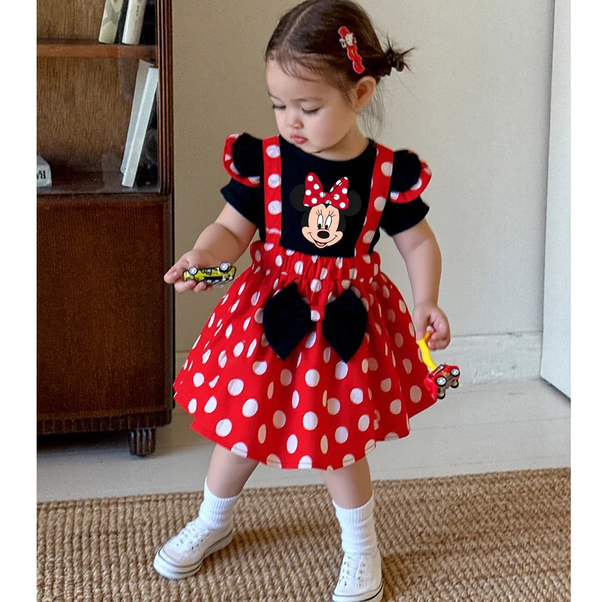 Minnie Mouse Girl Set Children Dress Baby Clothing Set Summer Birthday Costume Polka Dot Suspender Skirt Bow Headband skirt suit