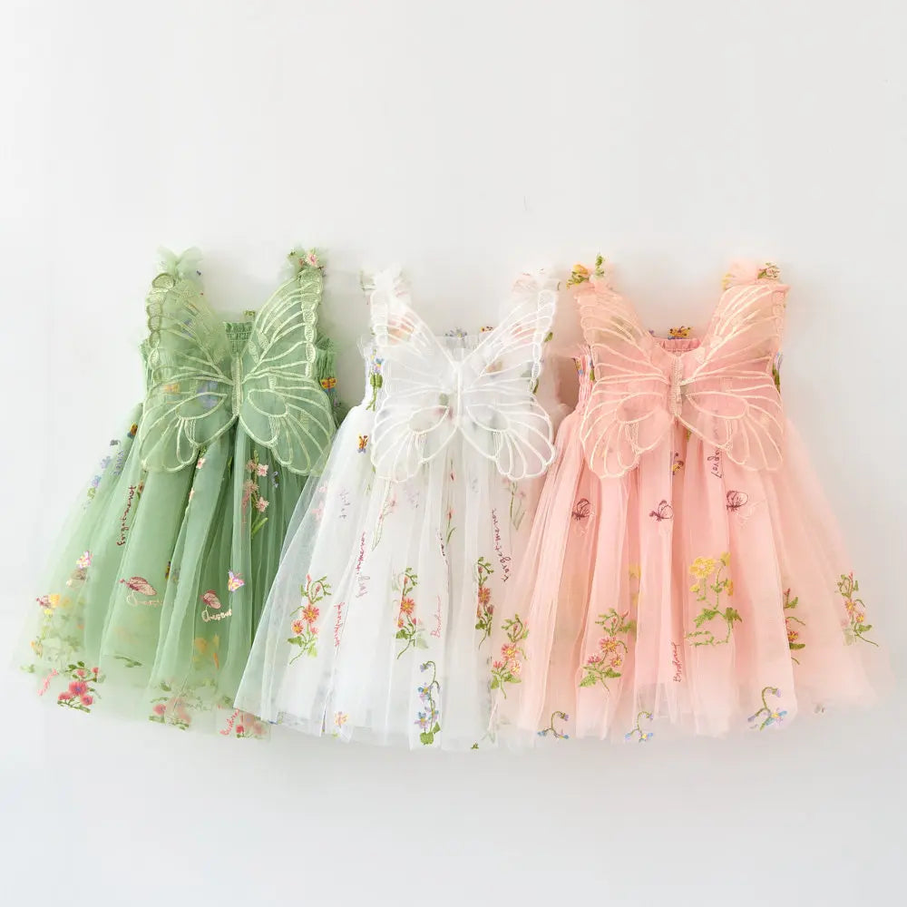 Girls Princess Dress with 3D Wings - Sparkle Tulle Sleeveless Gown, Fairy Puffy Party Dress for Birthday & Holiday