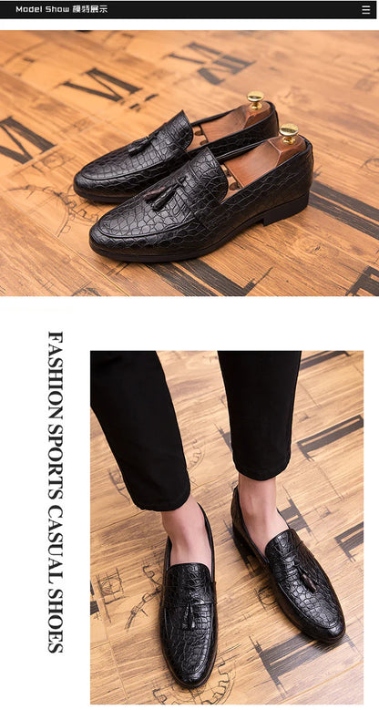 Mens British Loafers Solid Color Pointed Toe Tassel Slip On Classic Fashion Business Casual Formal Wedding Dress Shoes for Men
