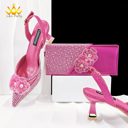 2026 Special Design Sky Blue Color New Design Shoes and Bag with Shinning Crystal for Party Women