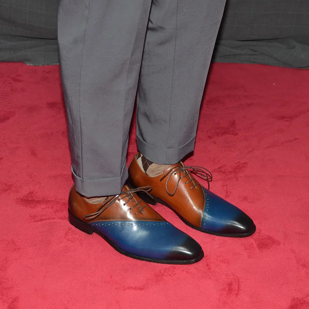 High Quality Men's Genuine Leather Wedding Dress Shoes Pointed Toe Lace-Up Formal Oxfords in Brown/Blue for Party Dinner