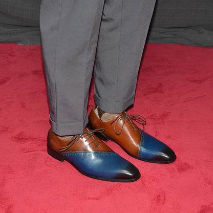 High Quality Men's Genuine Leather Wedding Dress Shoes Pointed Toe Lace-Up Formal Oxfords in Brown/Blue for Party Dinner