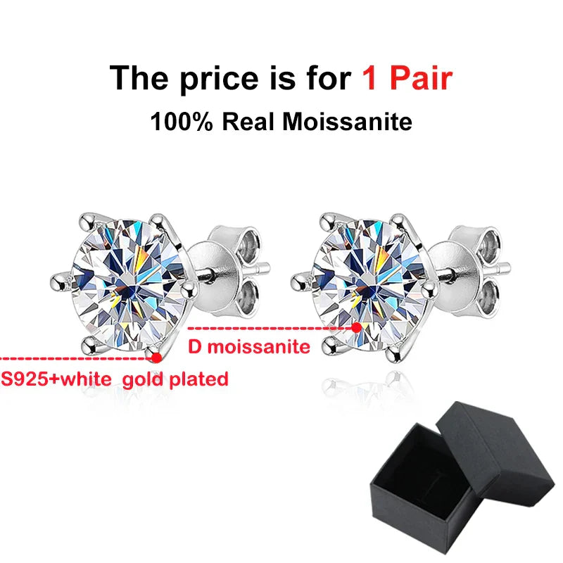 0.2/0.5/2ct D Color Moissanite Screw Stud Earrings for Women Men Silver 925 Plated 18K Pass Diamond Test 6 Prong Earring