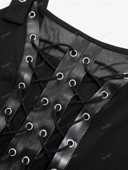 Plus Size Women's Tops Gothic Mesh Lace Up Buckle Grommet Tank 2026 new Spring,Summer Black Backless Standard Vest