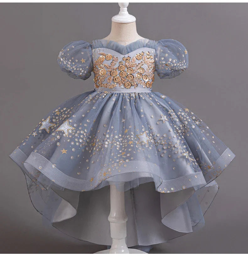Girl Tail Wedding Bridesmaid Dress Children's Elegant Banquet Dress Children's Round Neck Sleeveless Dress Girl