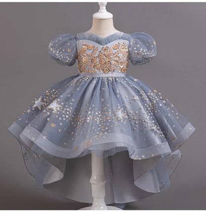 Girl Tail Wedding Bridesmaid Dress Children's Elegant Banquet Dress Children's Round Neck Sleeveless Dress Girl