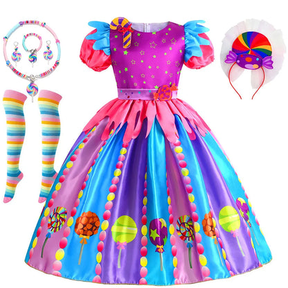 Sweet Lollipop Candy Girl Dress Rainbow Tutu Children's Birthday Carnival Party Costume Kids' Fancy Wedding Clothes