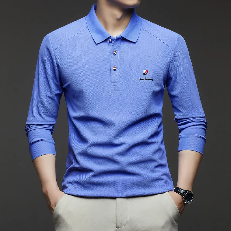 Original Design Men's Polo Shirt Lapel Long Sleeve T-Shirt Autumn New Solid Exquisite Letter Embroider Business Smart Menswear