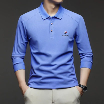 Original Design Men's Polo Shirt Lapel Long Sleeve T-Shirt Autumn New Solid Exquisite Letter Embroider Business Smart Menswear