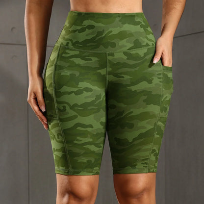 Women Solid Yoga Shorts with 3 Pockets High Waist Butt Lifting Workout Tights Gym Elastic Cycling Shorts Activewear