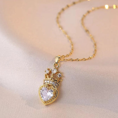 Crown Love Full of Rhinestones Sparkling Micro-Inlaid Design Simple Ladies Wedding Gift Pendant Necklace