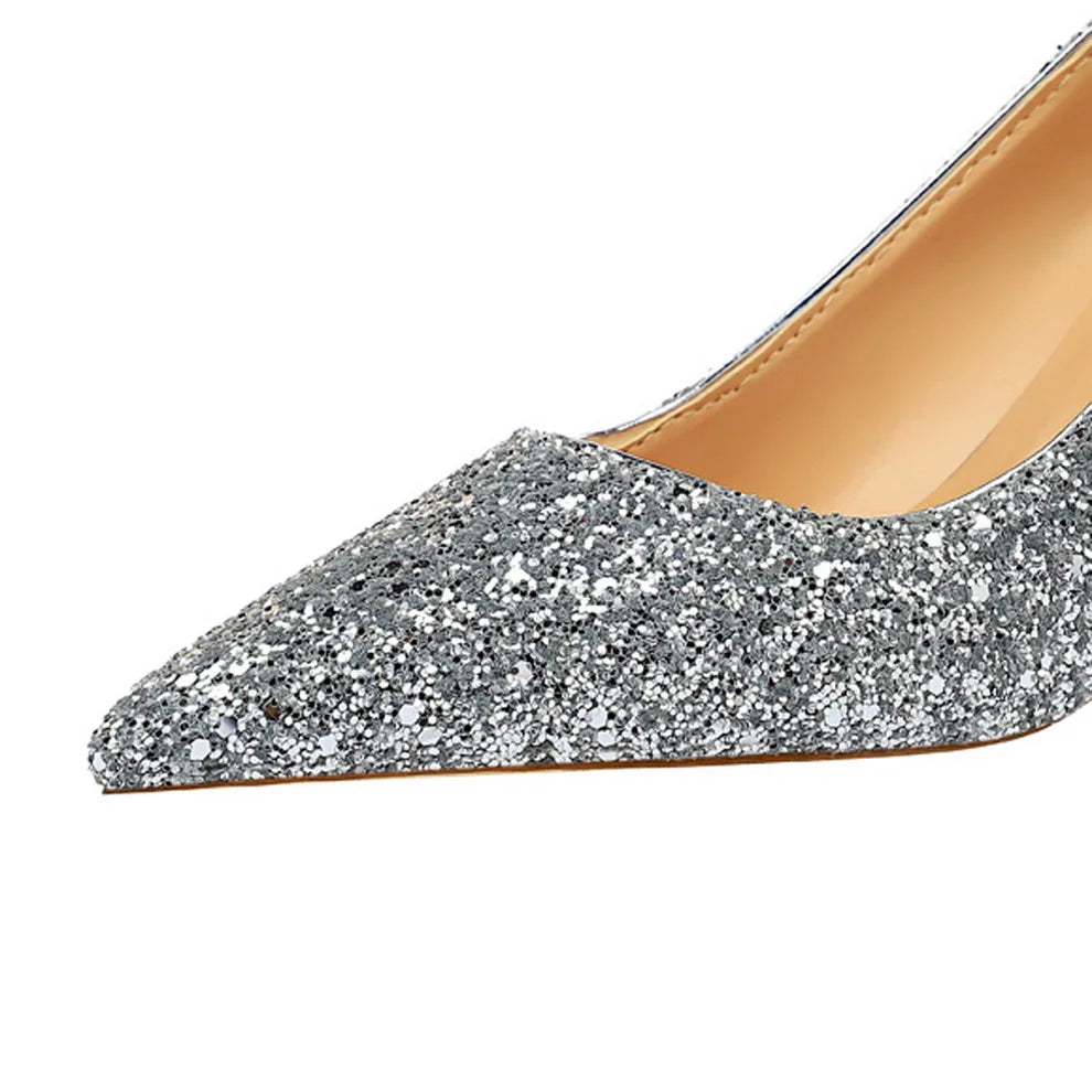 Women 7cm 9.5cm High Heels Pumps Wedding Bridal Scarpins Sparkly Mid Heels Lady Party Sequins Glitter Evening Gold Silver Shoes